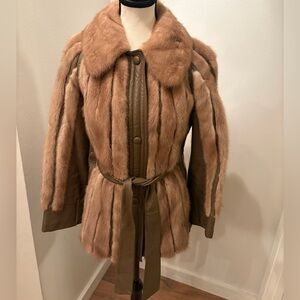 Vintage Mink Fur & Leather Coat Belted Brown Jacket